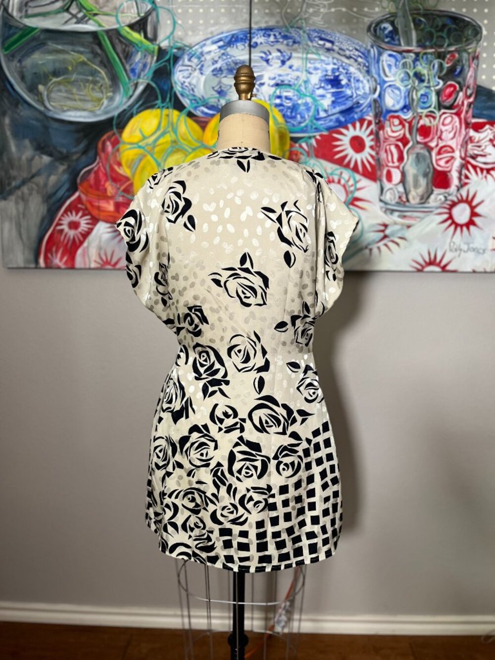 Langade VEDA Black & Ivory Rose Print Convertible Shift Dress Vintage 80s - Picture 6 of 9